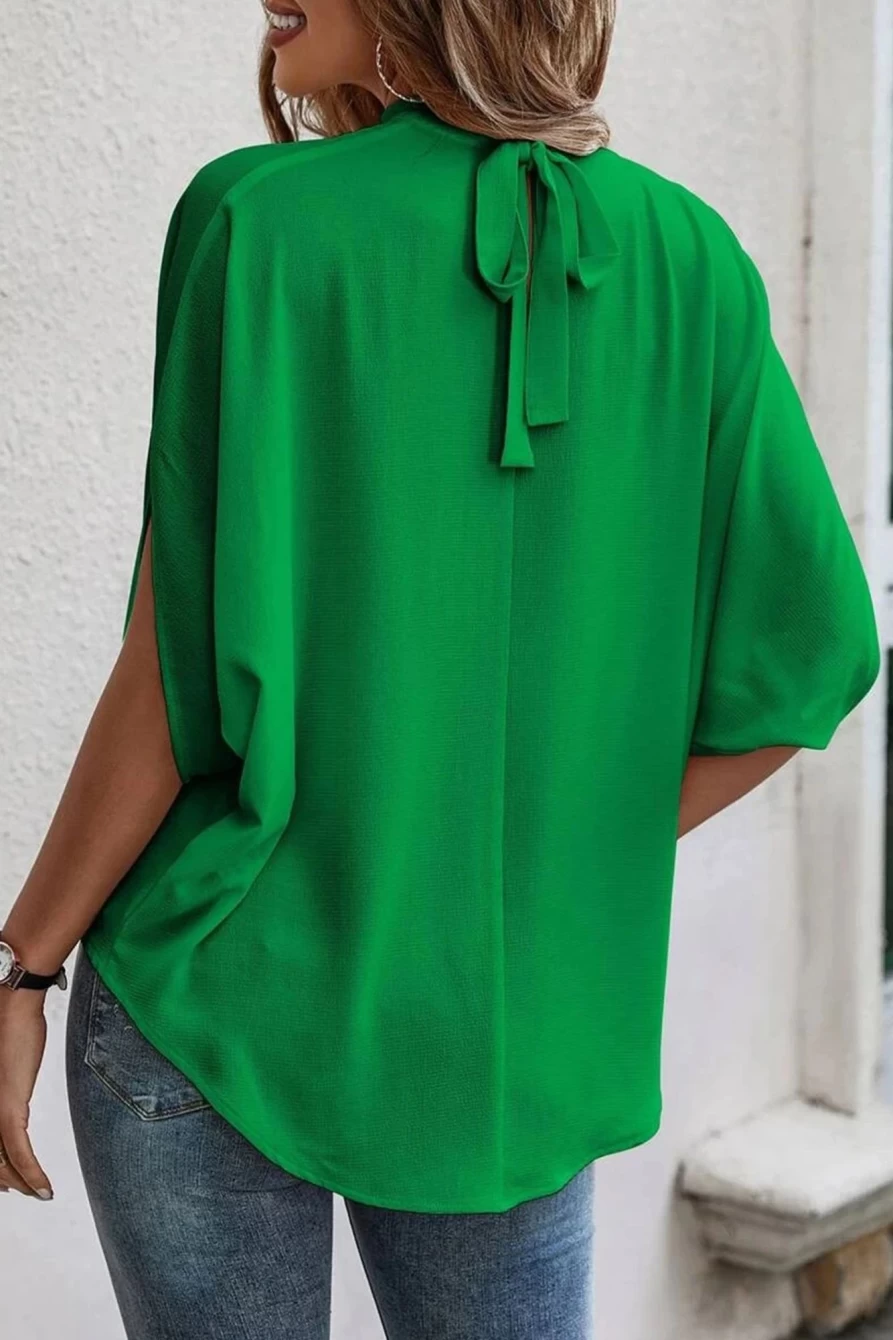Shewin Women's Bright Green Solid Color Batwing Sleeve Knotted Blouse Tops