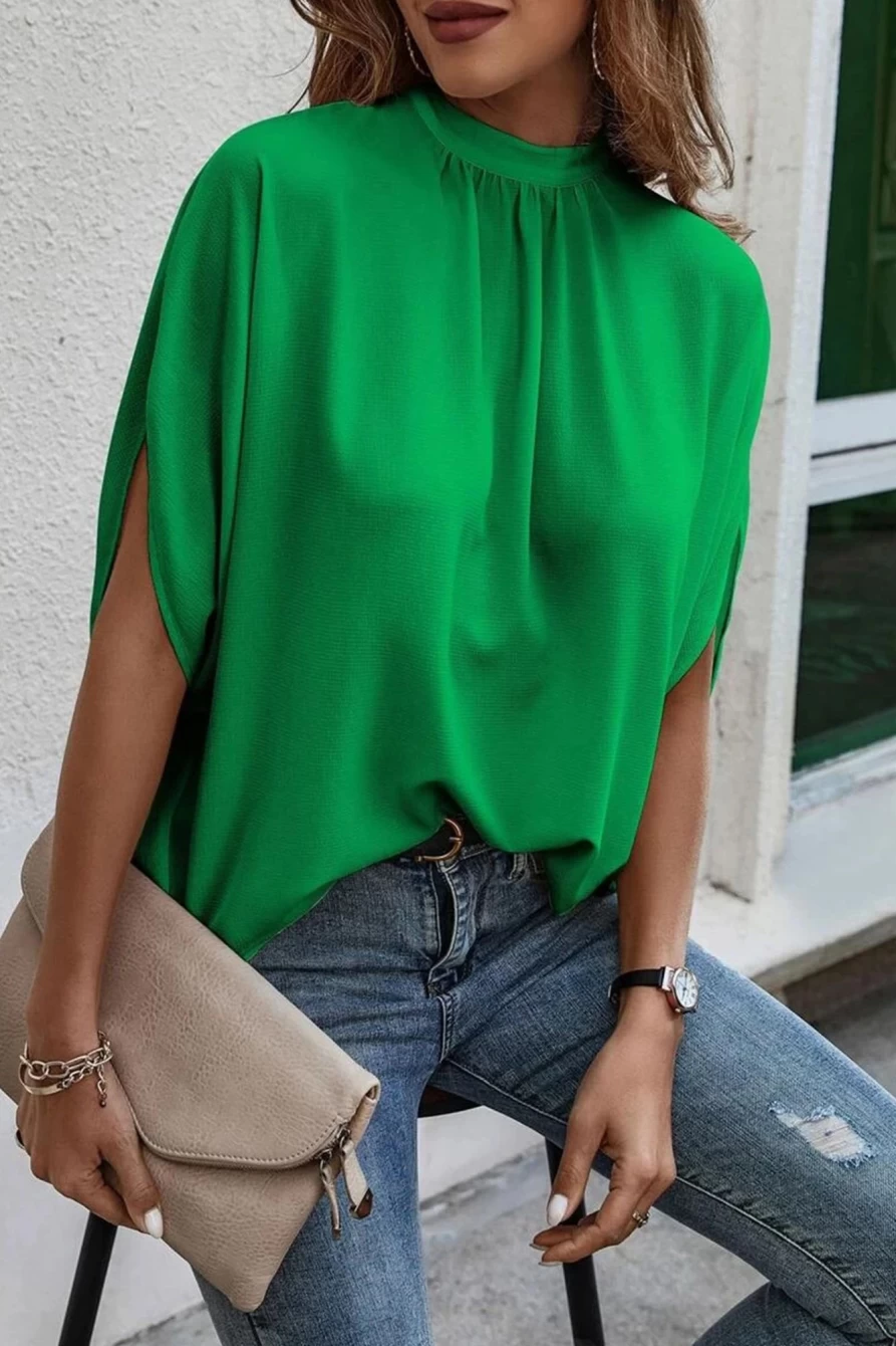 Shewin Women's Bright Green Solid Color Batwing Sleeve Knotted Blouse Tops