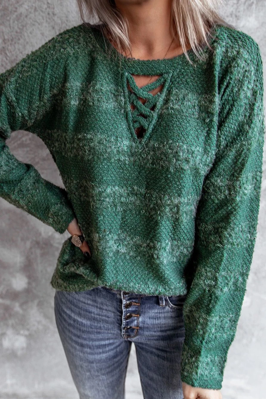 Shewin Women's Green Crisscross Keyhole Long Sleeve Pullover Sweater