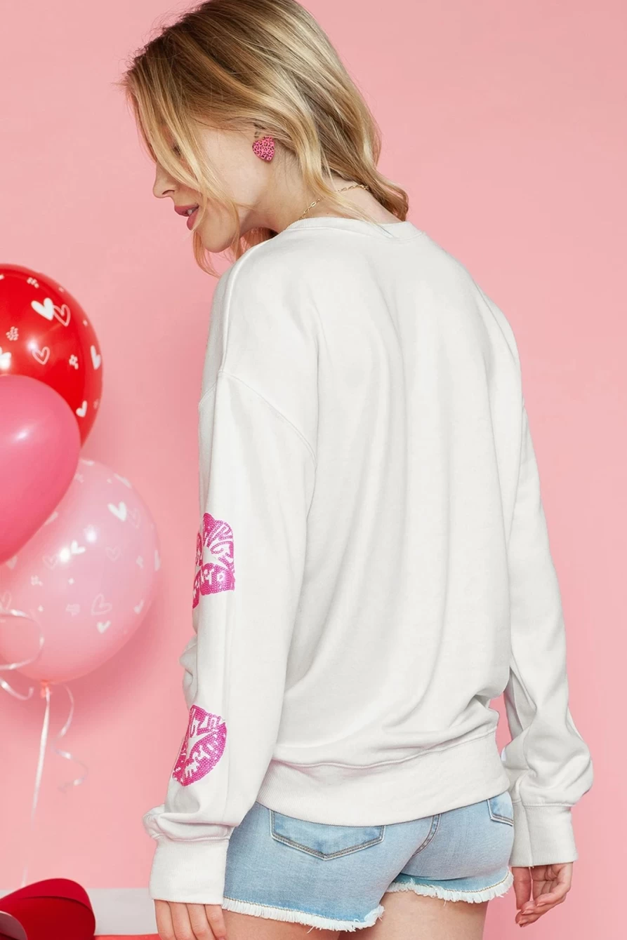 Shewin Women's White Valentine's Day Lip Print Sequin Graphic Sweatshirt
