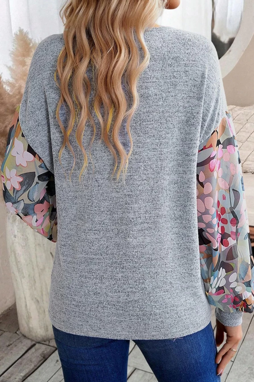 Shewin Women's Gray Floral Lantern Sleeve V-Neck Button-Up Blouse