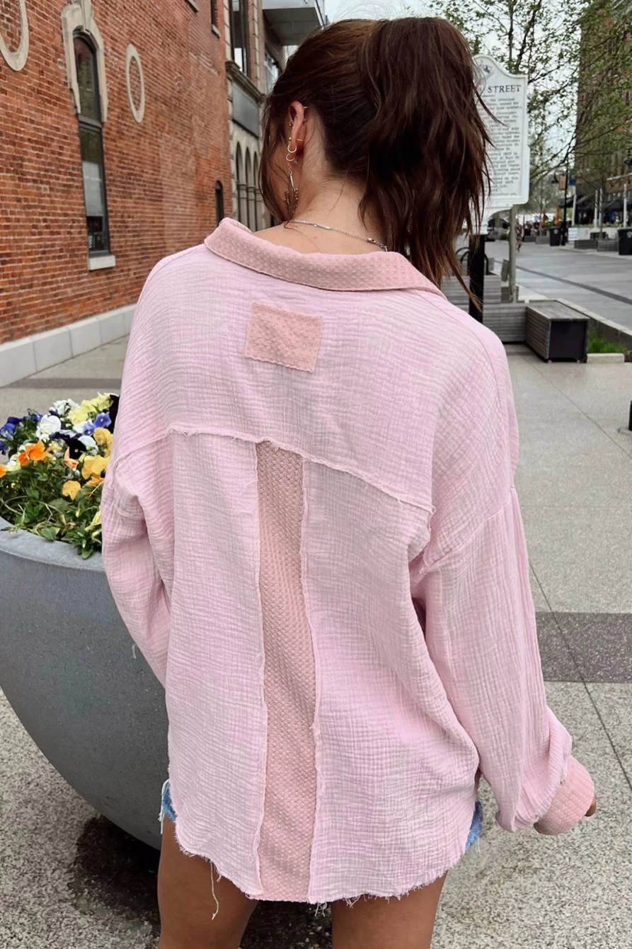 Shewin Women's Pink Casual Long Sleeve Henley Top with Flap Pocket