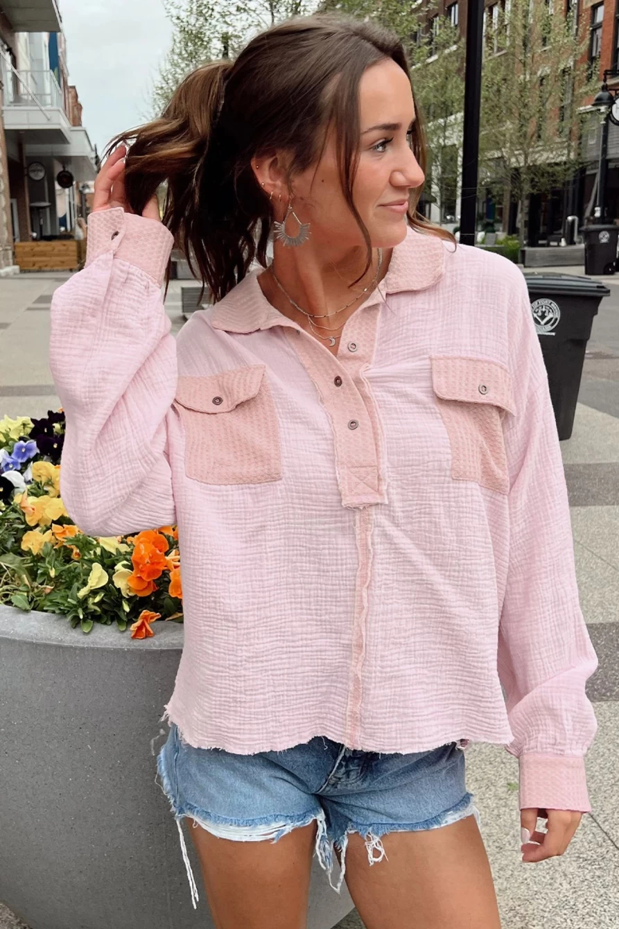 Shewin Women's Pink Casual Long Sleeve Henley Top with Flap Pocket