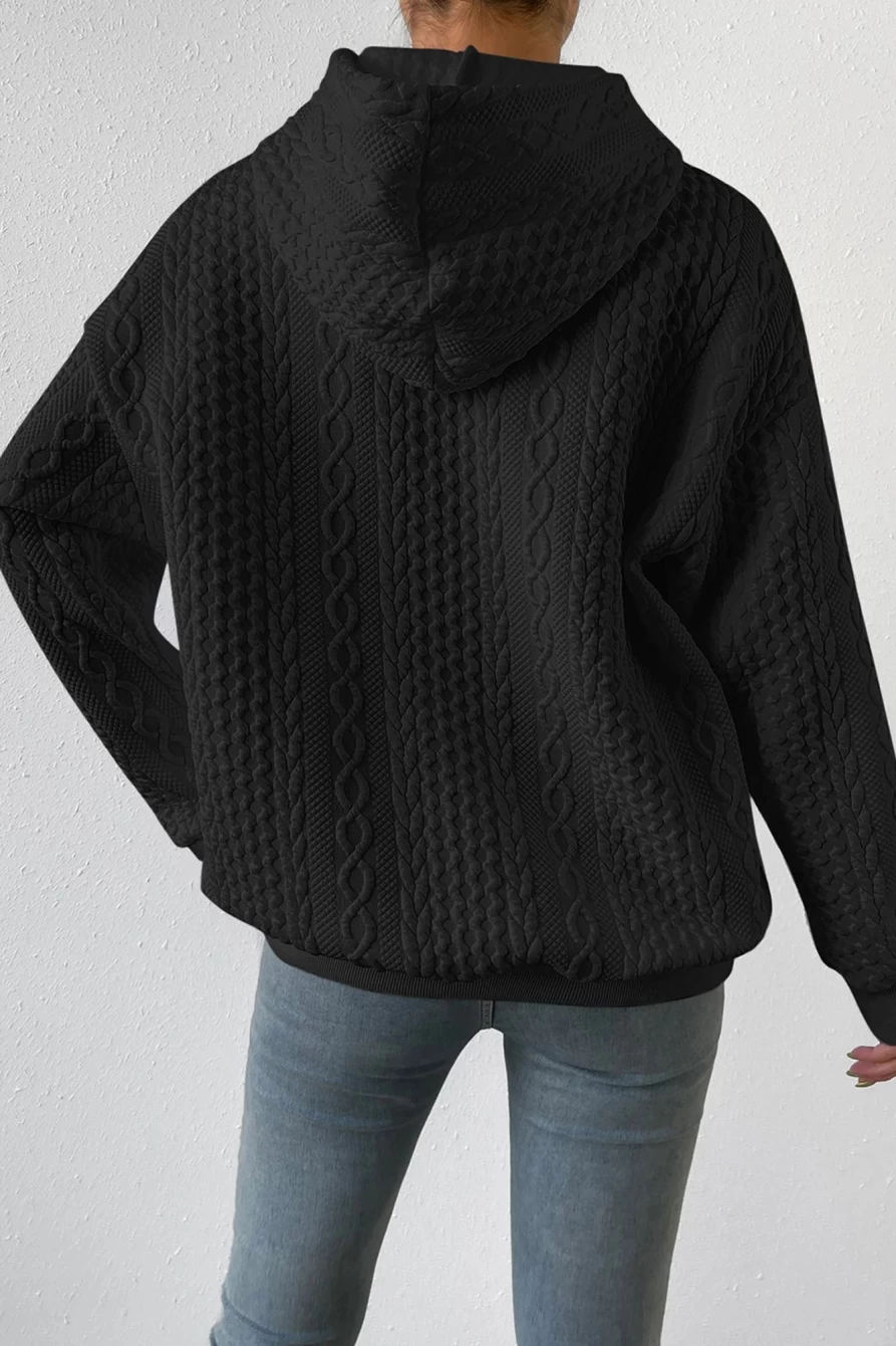 Shewin Women's Black Cable Knit Casual Drawstring Hoodie Sweatshirt