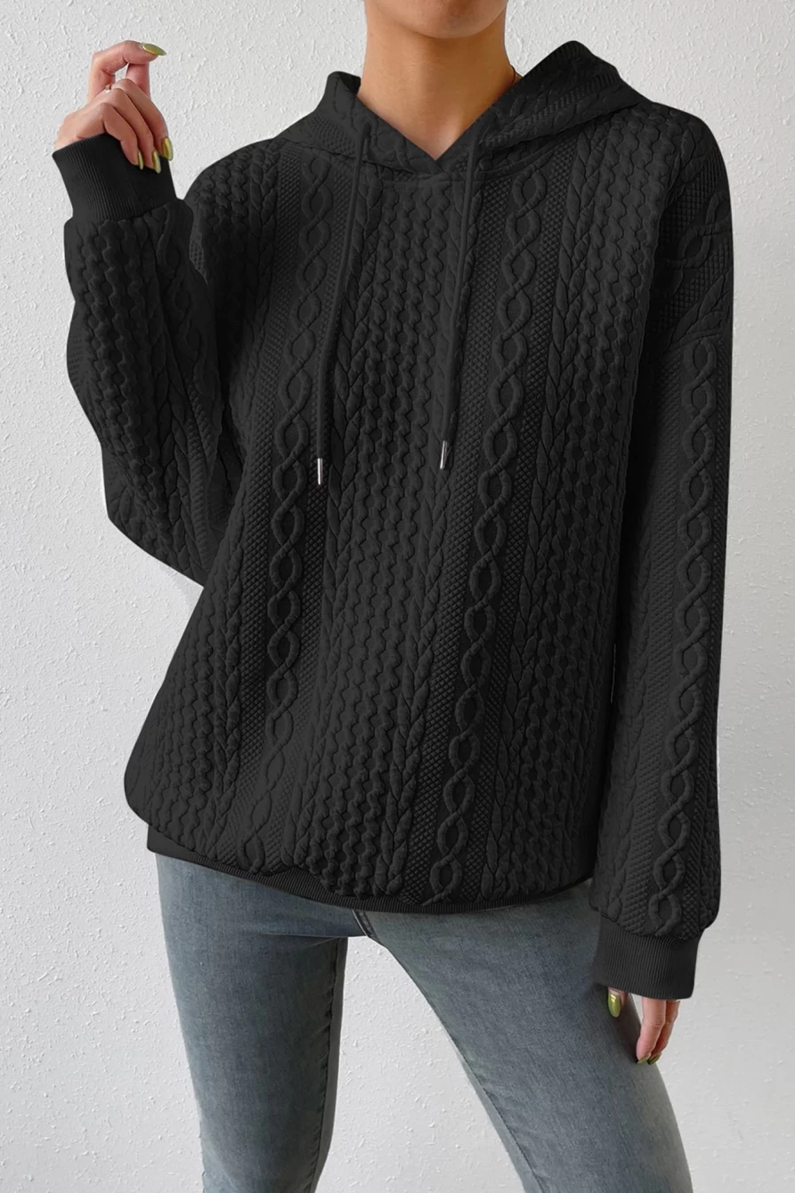 Shewin Women's Black Cable Knit Casual Drawstring Hoodie Sweatshirt