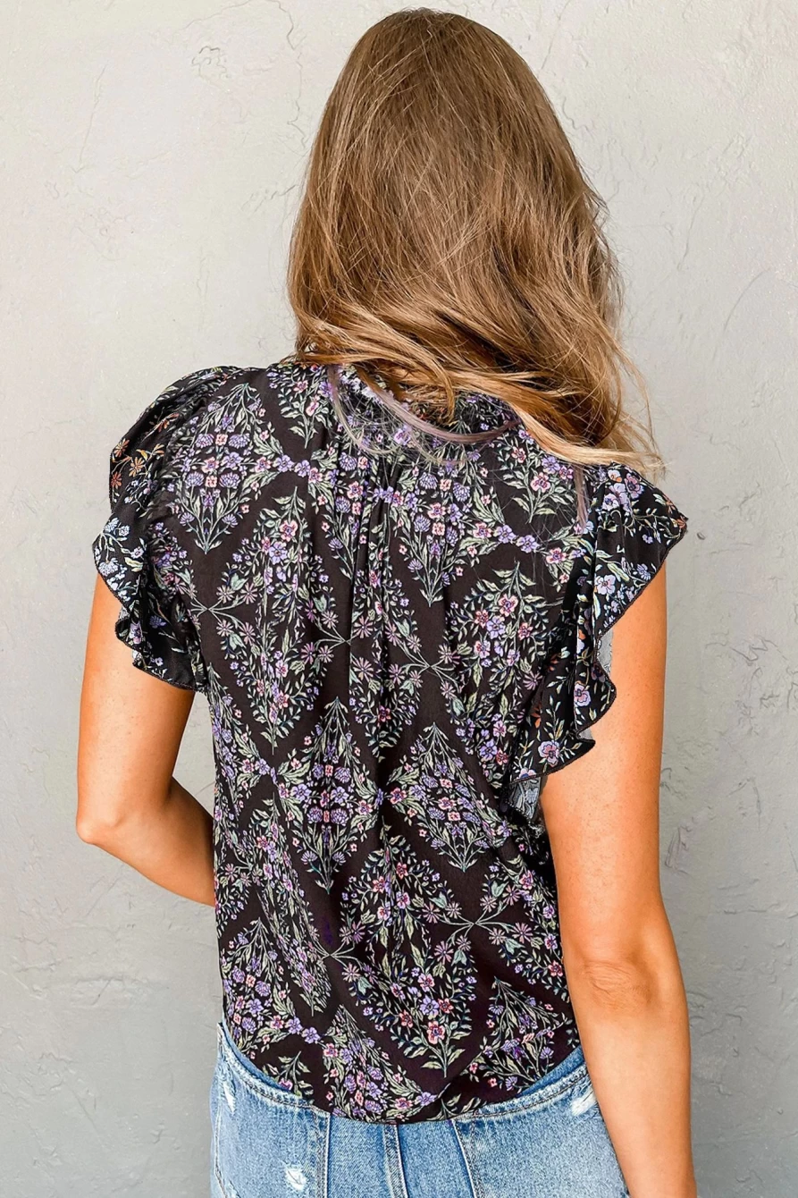 Shewin Women's Black Boho Floral Blouse with V-Neck, Ruffle Shoulder & Tie Detail