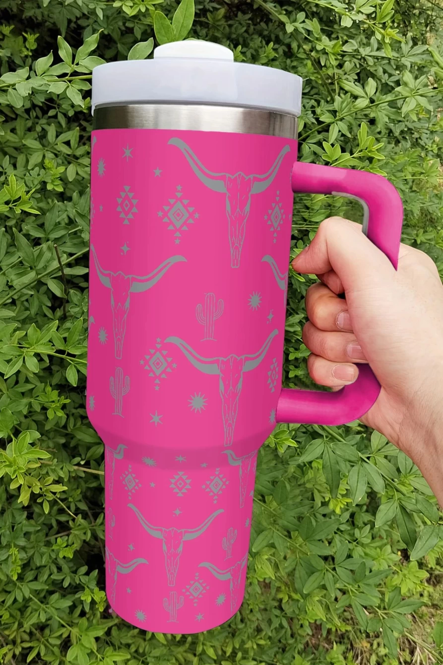 Shewin Rose Red Stainless Steel Tumbler with Lid and Straw - Animal Horn Print Design for Women