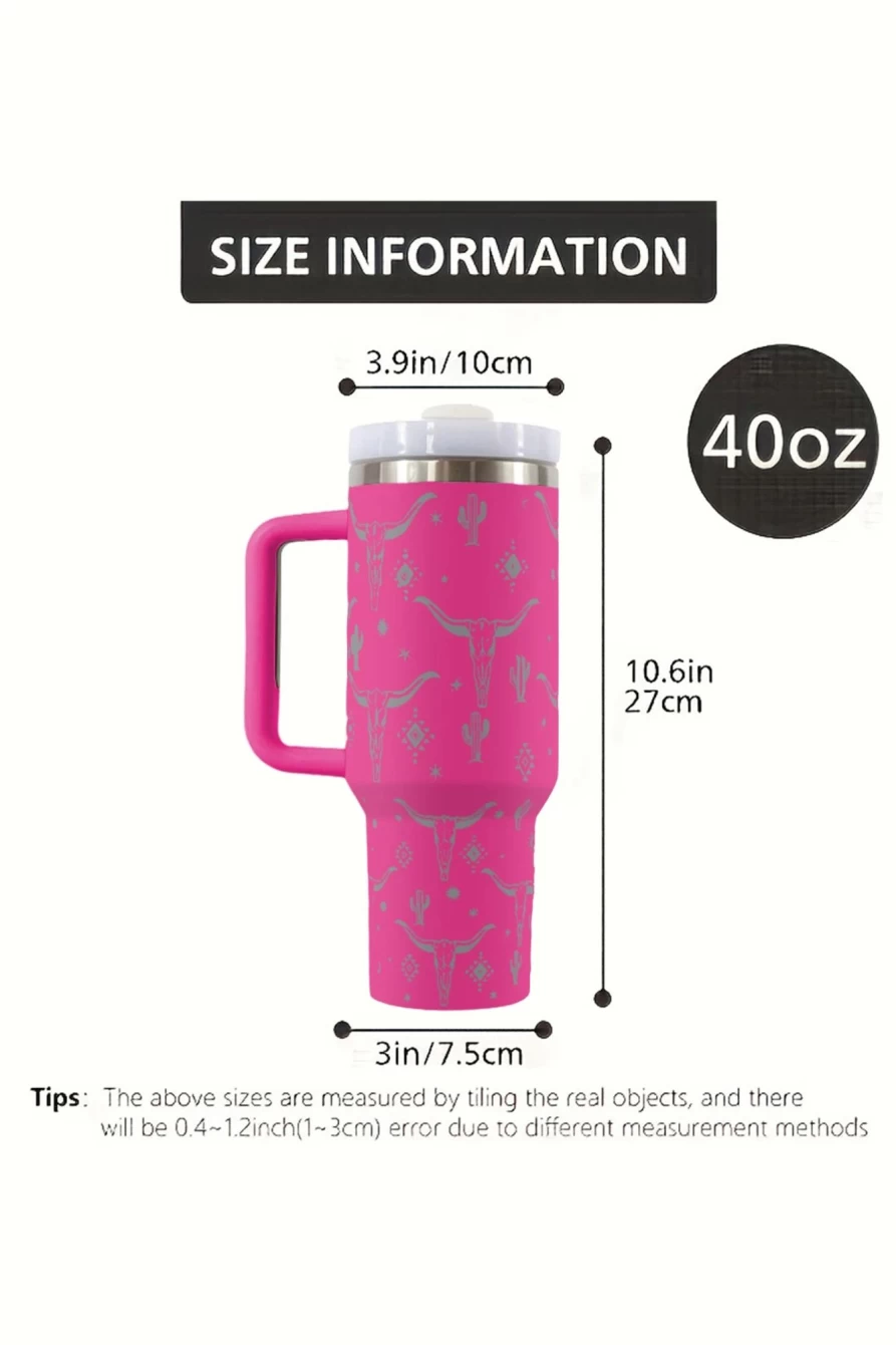 Shewin Rose Red Stainless Steel Tumbler with Lid and Straw - Animal Horn Print Design for Women