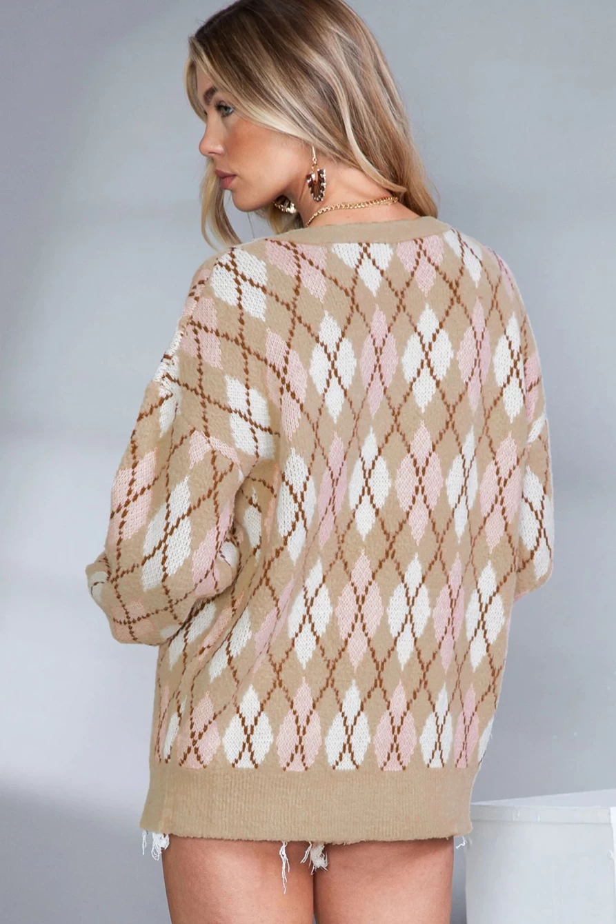 Shewin Women's Multicolour Geometric Print Fuzzy Button-Up Cardigan Sweater