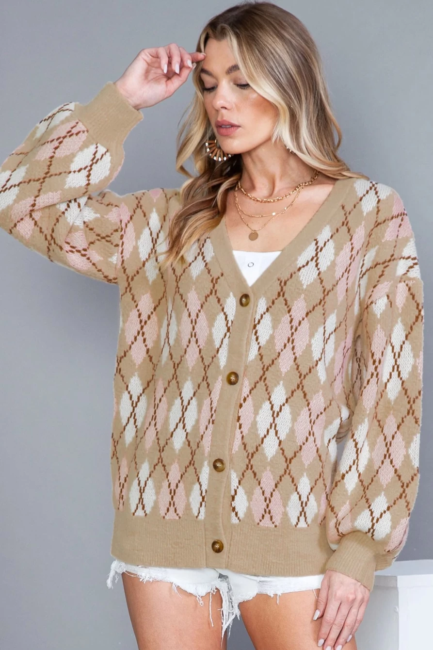 Shewin Women's Multicolour Geometric Print Fuzzy Button-Up Cardigan Sweater