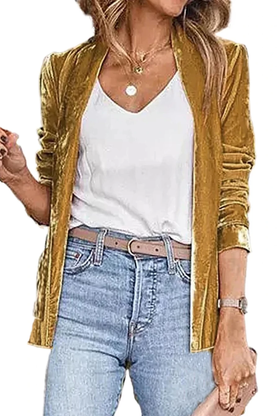 Shewin Women's Beige Velvet Open Front Blazer - Elegant Pocket Jacket