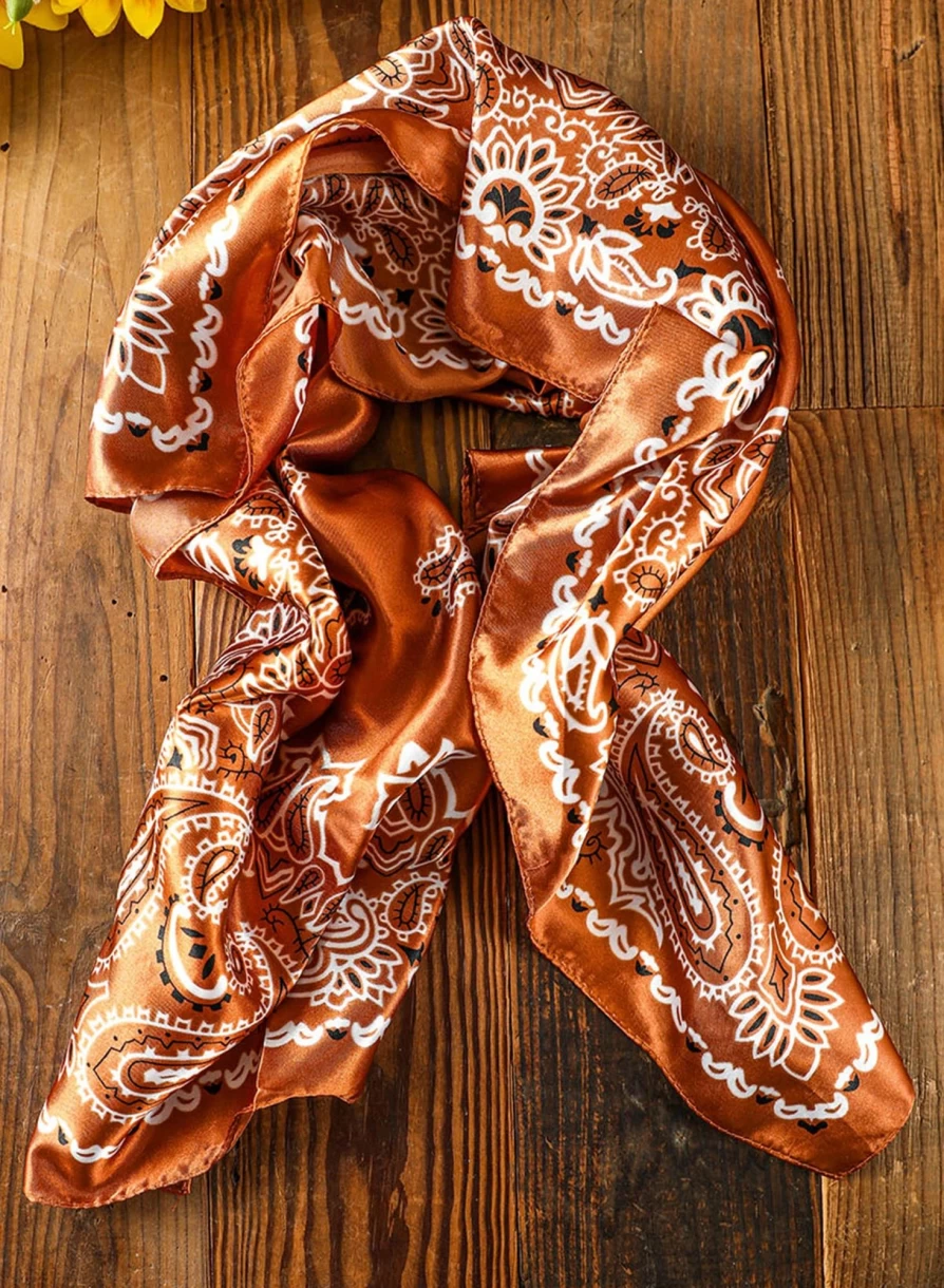 Shewin Women's Gold Flame Vintage Satin Scarf - Floral Print Square Neck Accessory