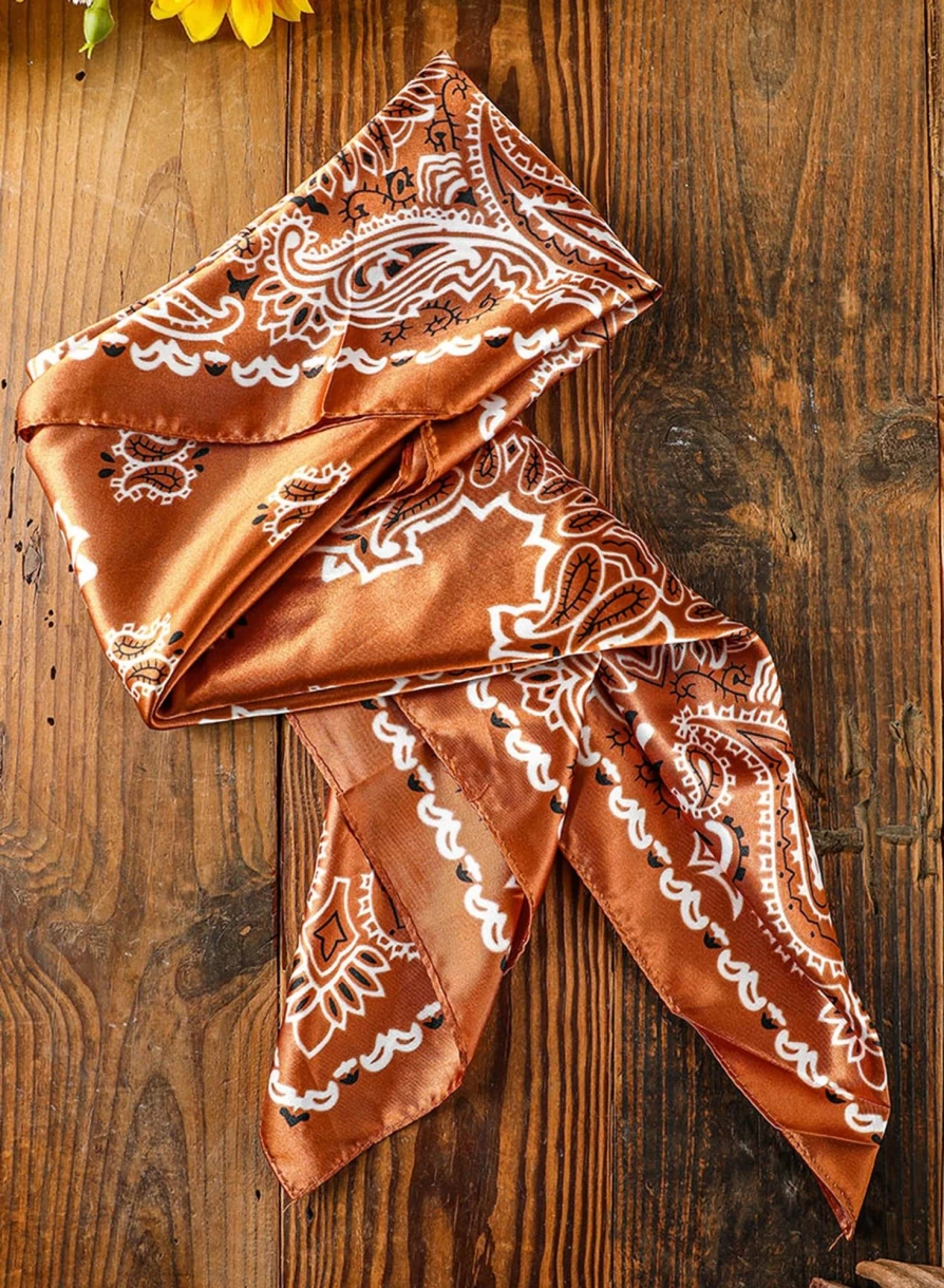 Shewin Women's Gold Flame Vintage Satin Scarf - Floral Print Square Neck Accessory