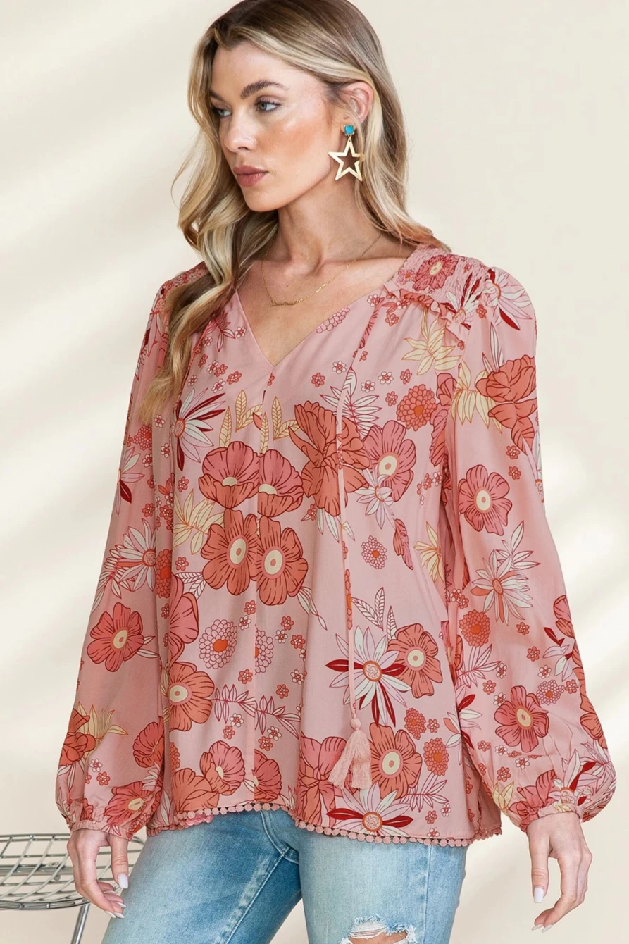 Shewin Women's Boho Floral Print Peasant Blouse with Lantern Sleeves in Multicolor