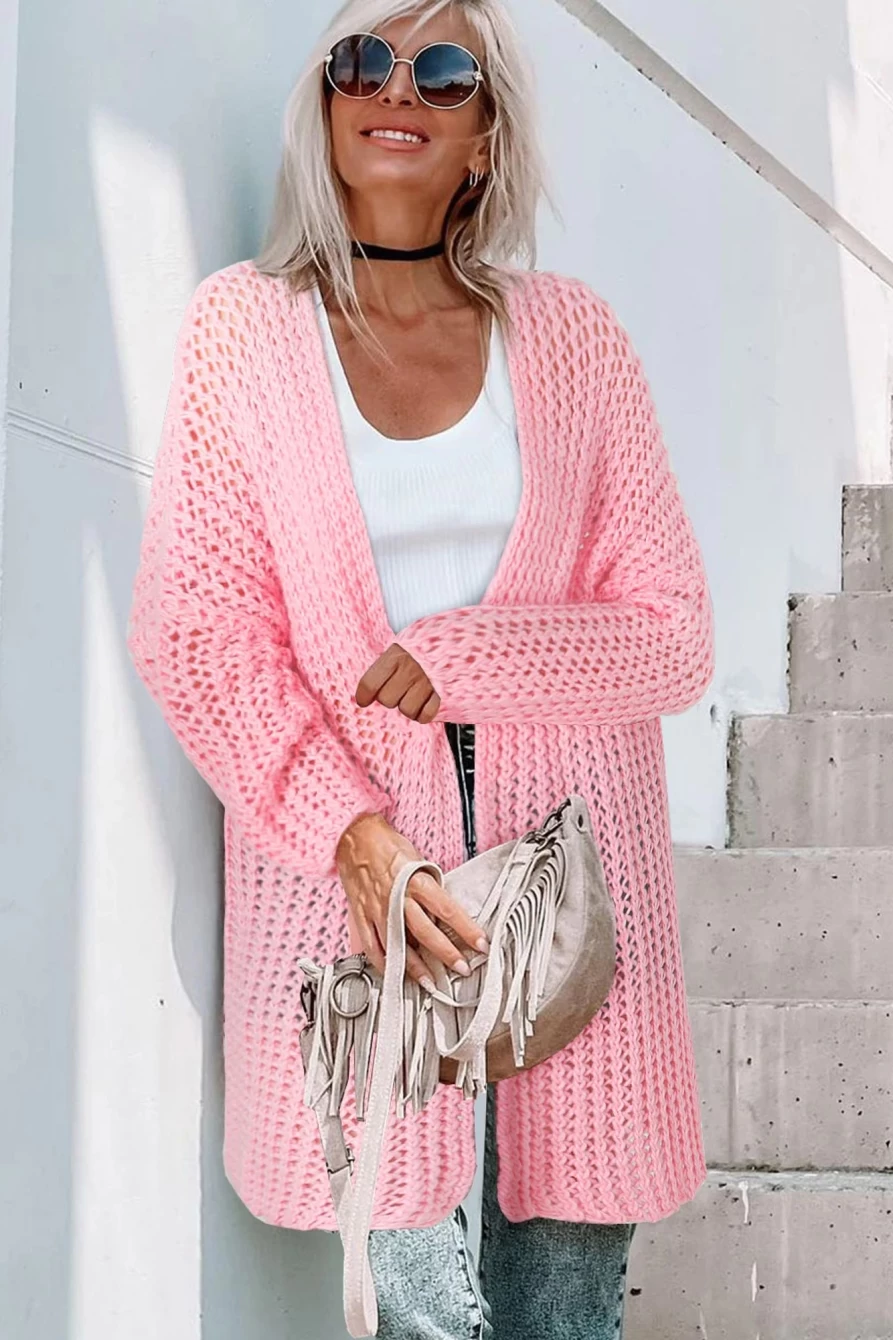 Shewin Women's Pink Open Knit Oversized Long Sleeve Cardigan Sweater