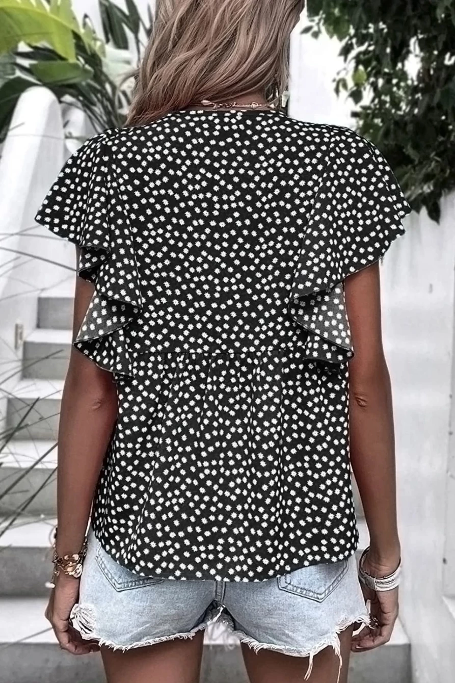 Shewin Women's Black Floral Print V-Neck Blouse with Ruffle Sleeves