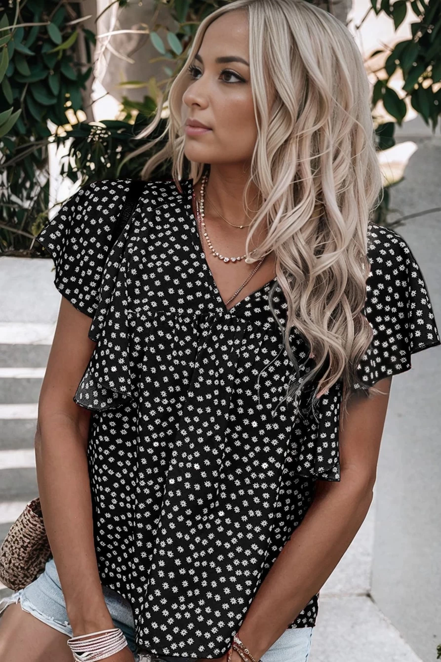Shewin Women's Black Floral Print V-Neck Blouse with Ruffle Sleeves