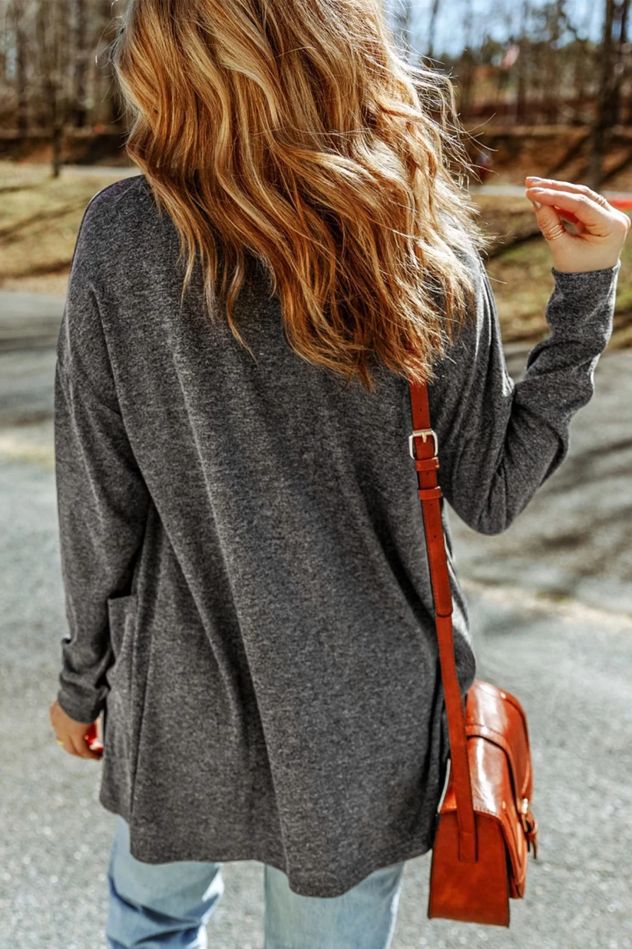 Women's Gray Button Front Knit Cardigan with Pockets - Shewin Casual Wear