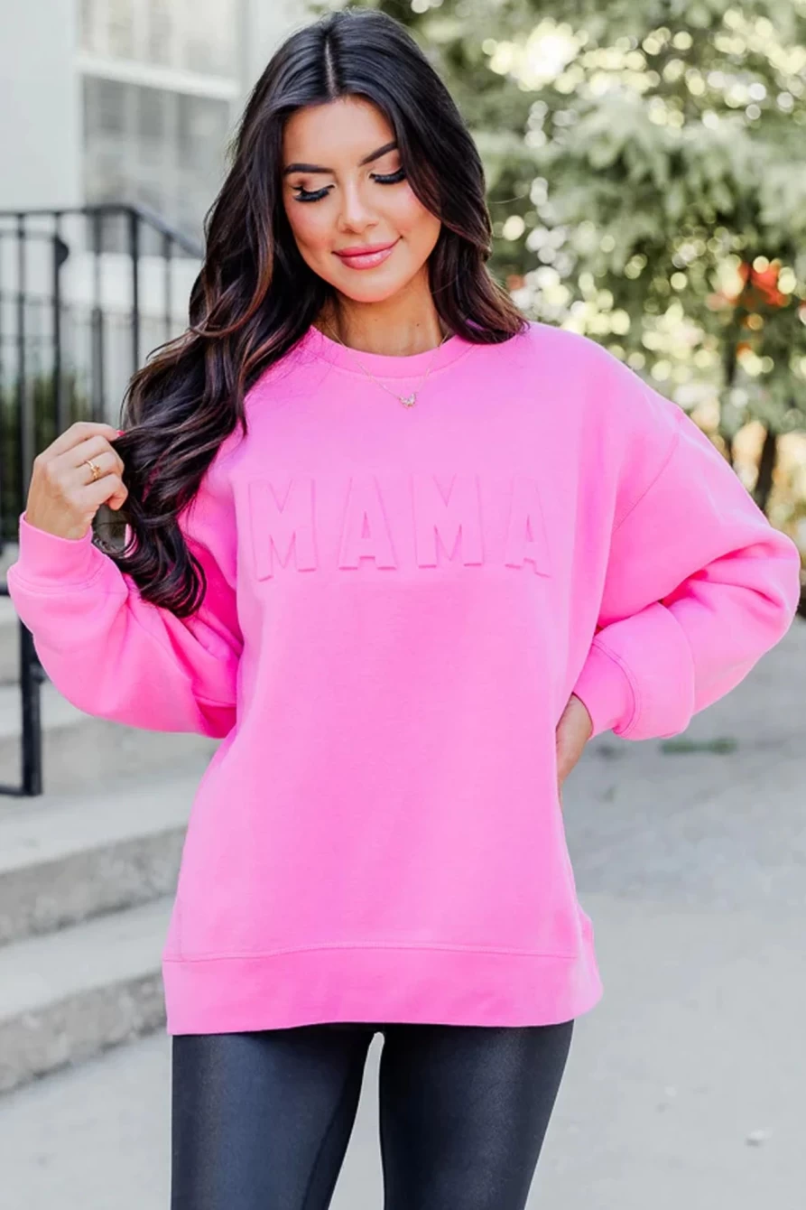 Shewin Women's Dark Pink Casual Mama Letter Drop Shoulder Sweatshirt
