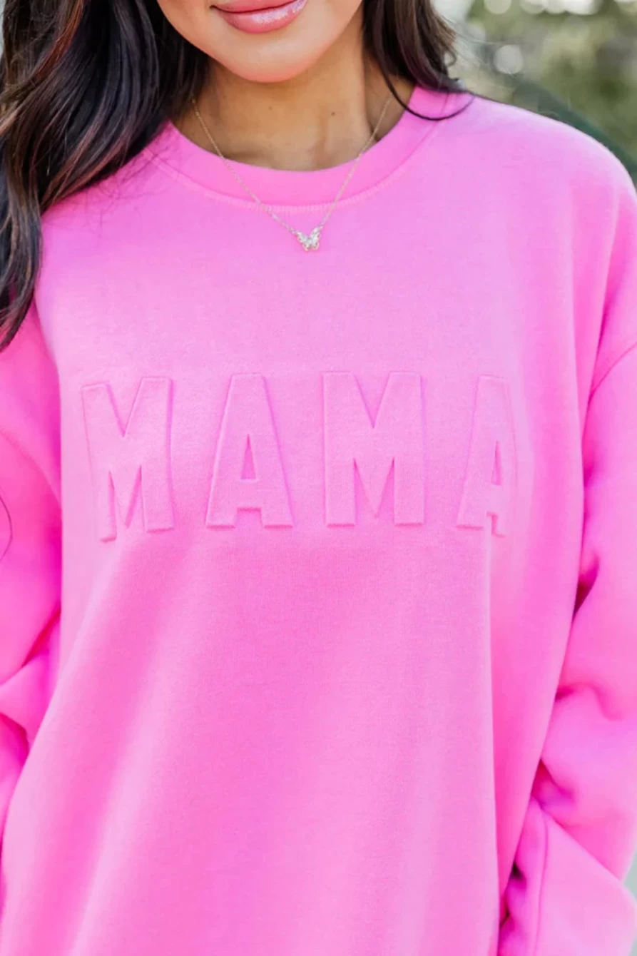 Shewin Women's Dark Pink Casual Mama Letter Drop Shoulder Sweatshirt