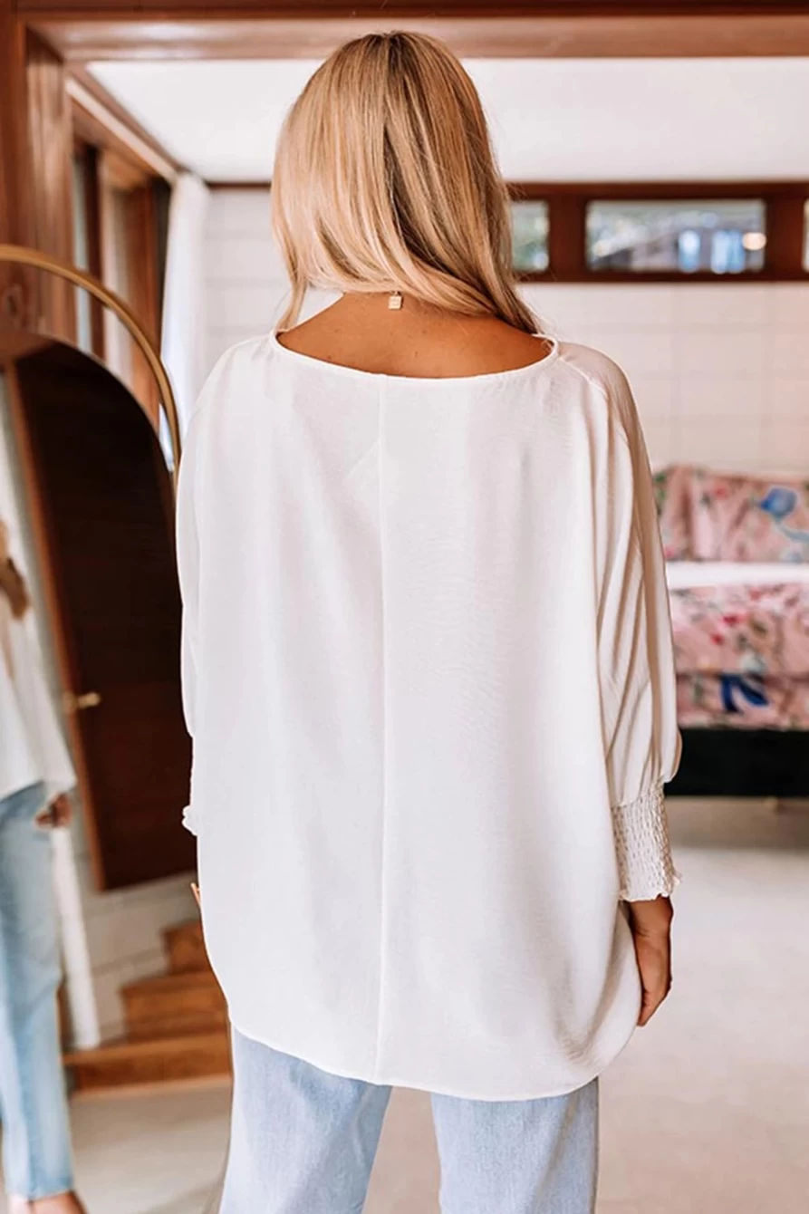 Shewin Women's White Casual Half Sleeve Top with Shirred Cuffs - Plain & Comfortable