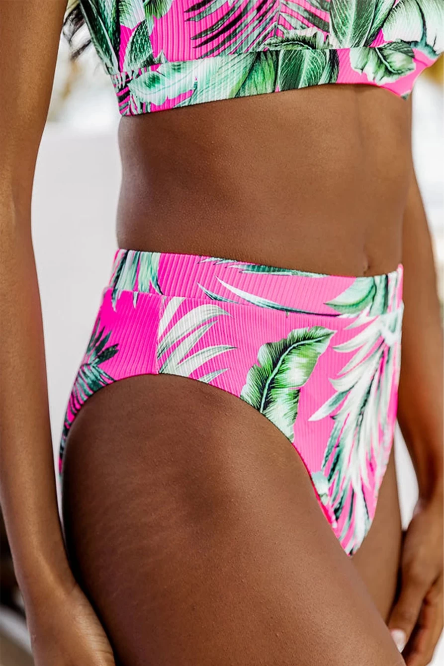 "SheWin Women's Rose Tropical Print Textured Bikini Bottom - Floral Swimwear High Waisted Beach Shorts"