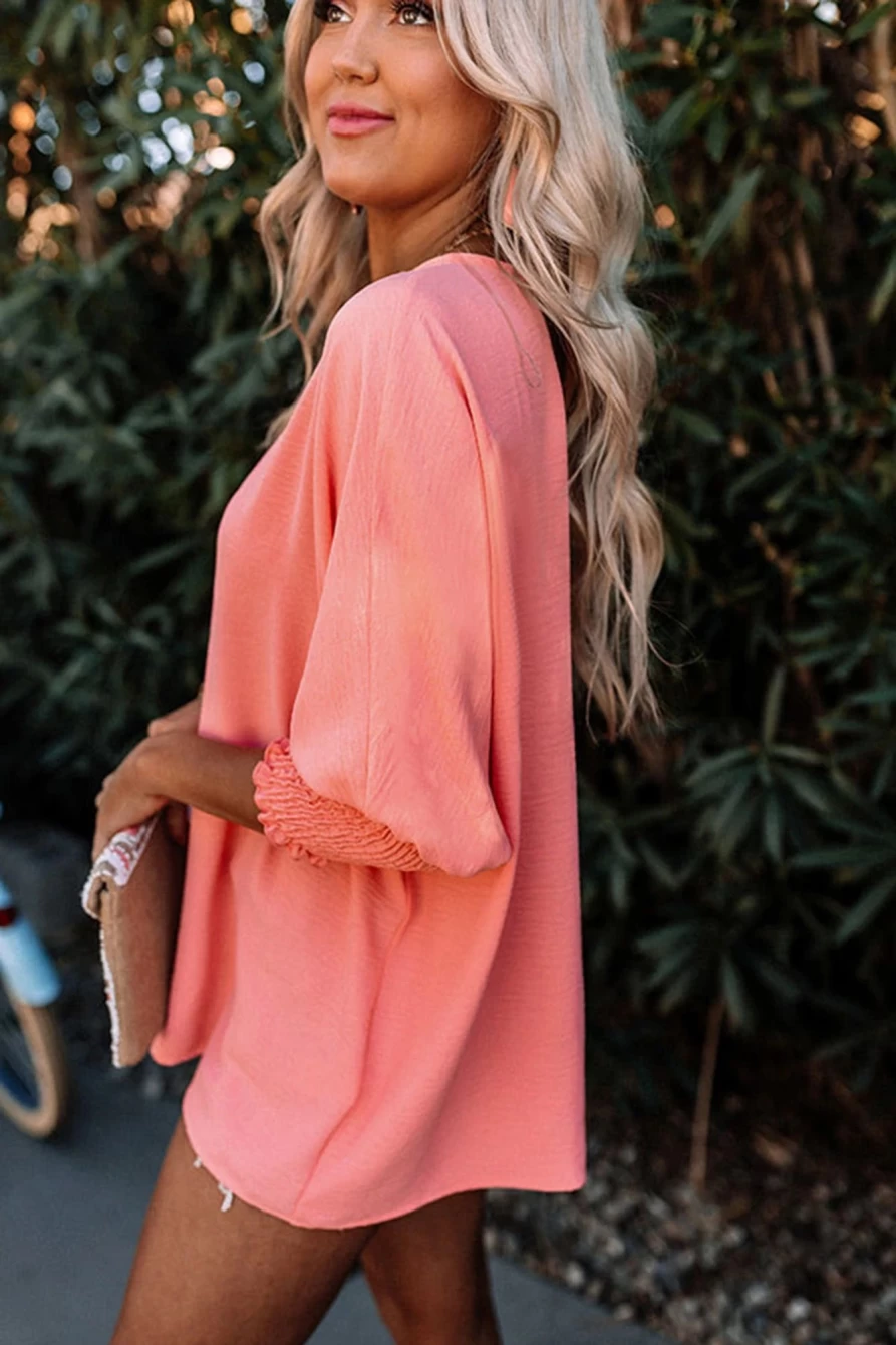 Shewin Women's Pink Casual Top with Shirred Cuffs & Half Sleeve