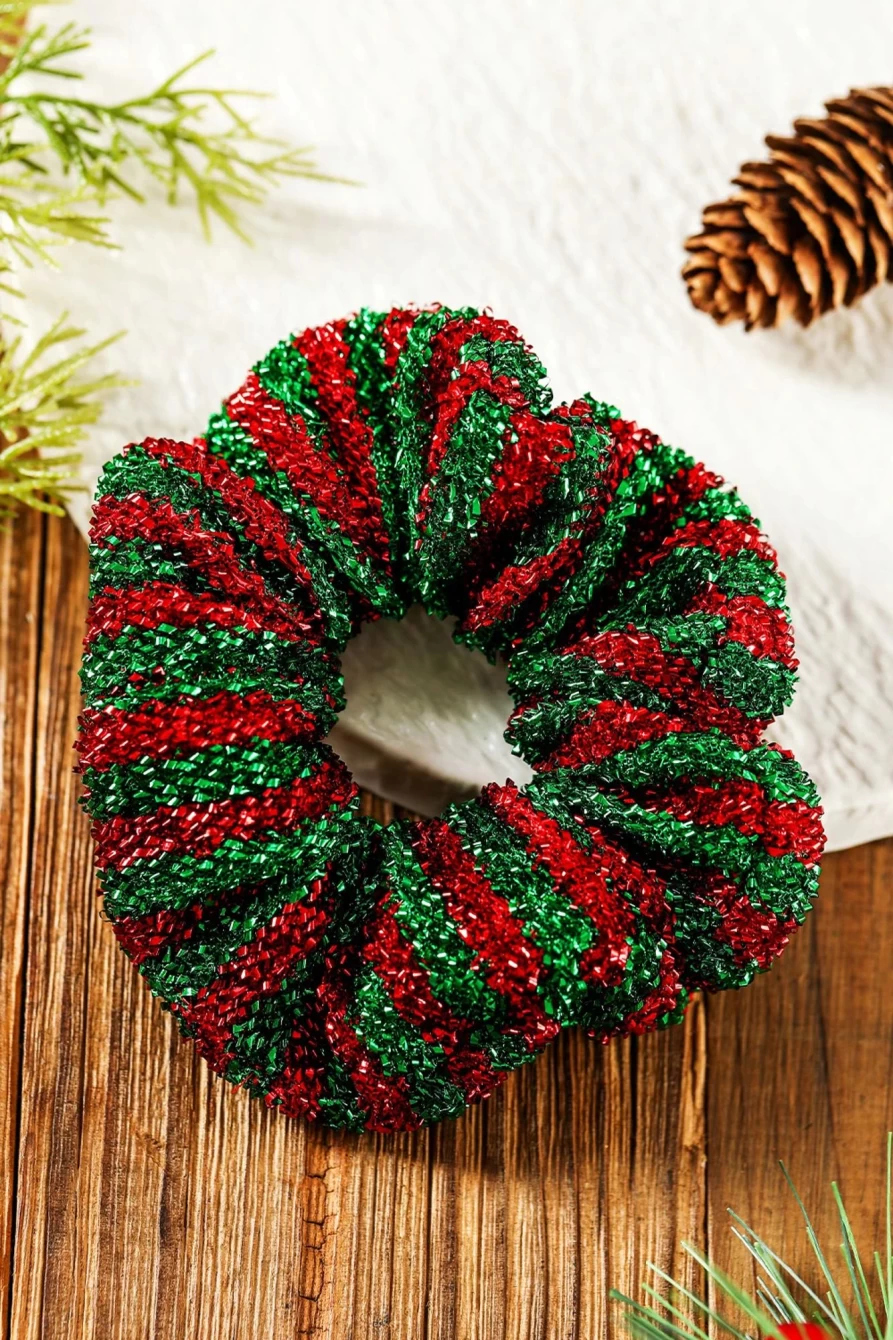 Shewin Women's Burgundy Glitter Striped Christmas Hair Tie - Festive Holiday Hair Accessory