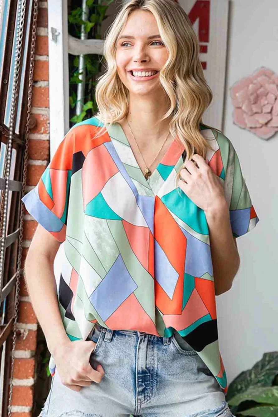 "Shewin Women's Multicolor Color Block Printed Short Sleeve Blouse"