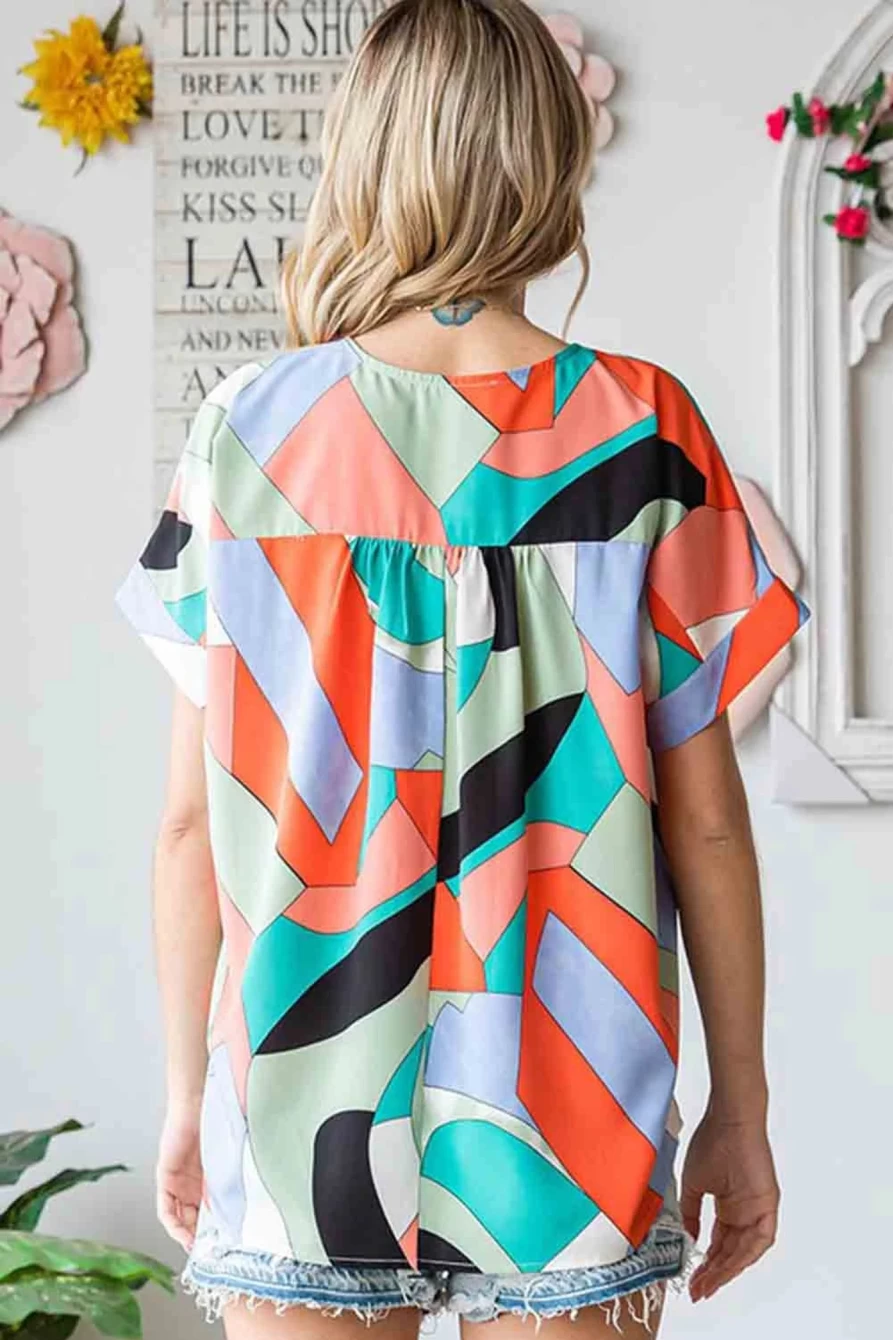 "Shewin Women's Multicolor Color Block Printed Short Sleeve Blouse"