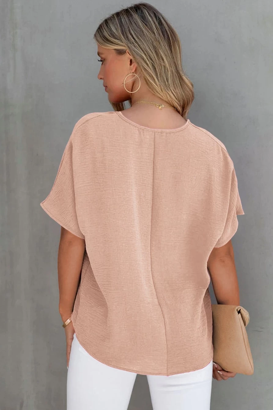 Shewin Women's Pink Solid V-Neck Textured Short Sleeve Blouse