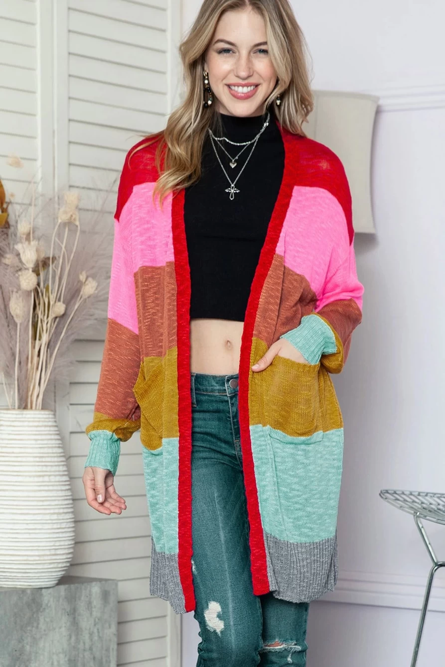 Shewin Women's Multicolor Knitted Long Cardigan with Color Block Open Front Design