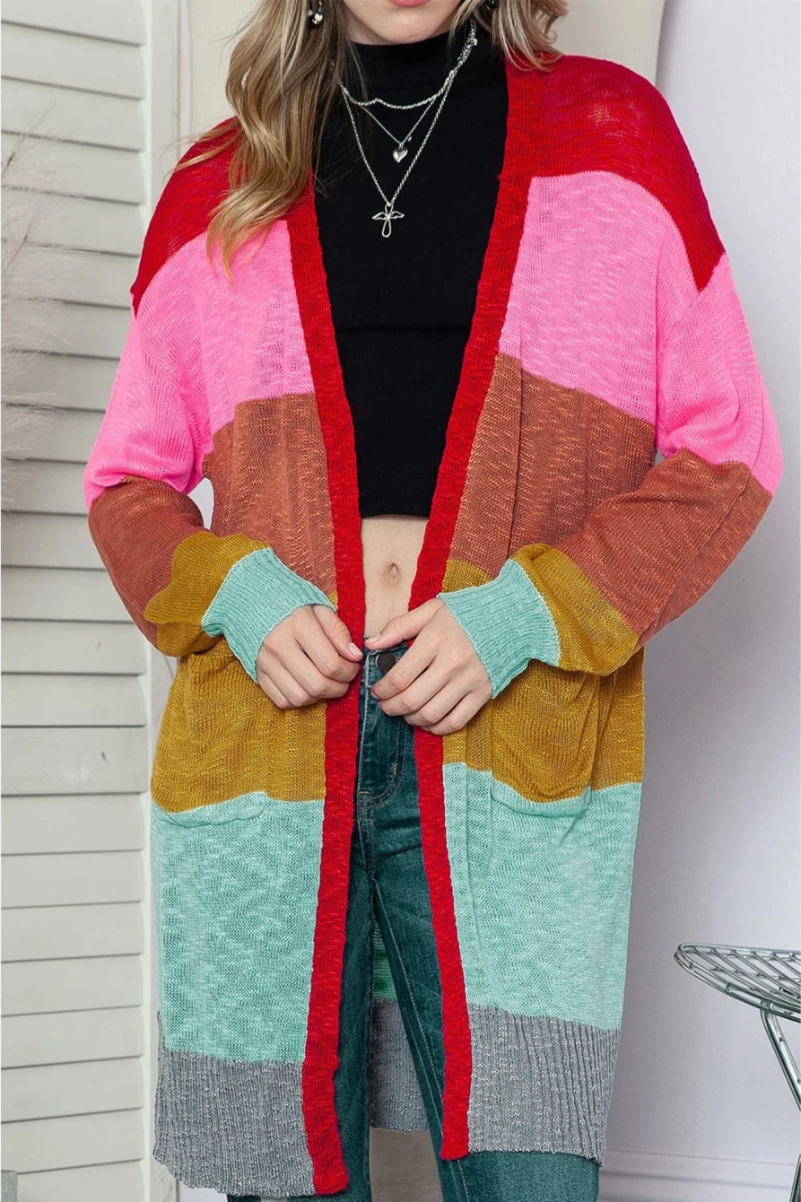 Shewin Women's Multicolor Knitted Long Cardigan with Color Block Open Front Design