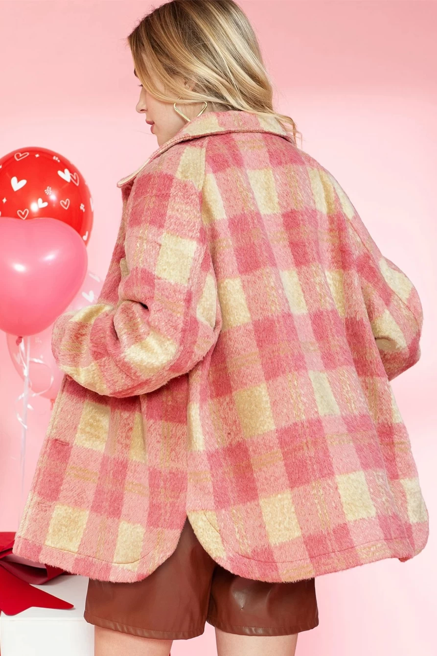 Women's Peach Blossom Plaid Shacket with Button Collar & Chest Pocket | Shewin