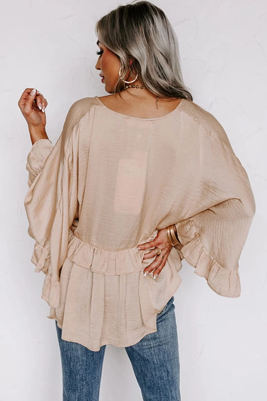 Shewin Women's Apricot V-Neck Batwing Sleeve Ruffle Blouse