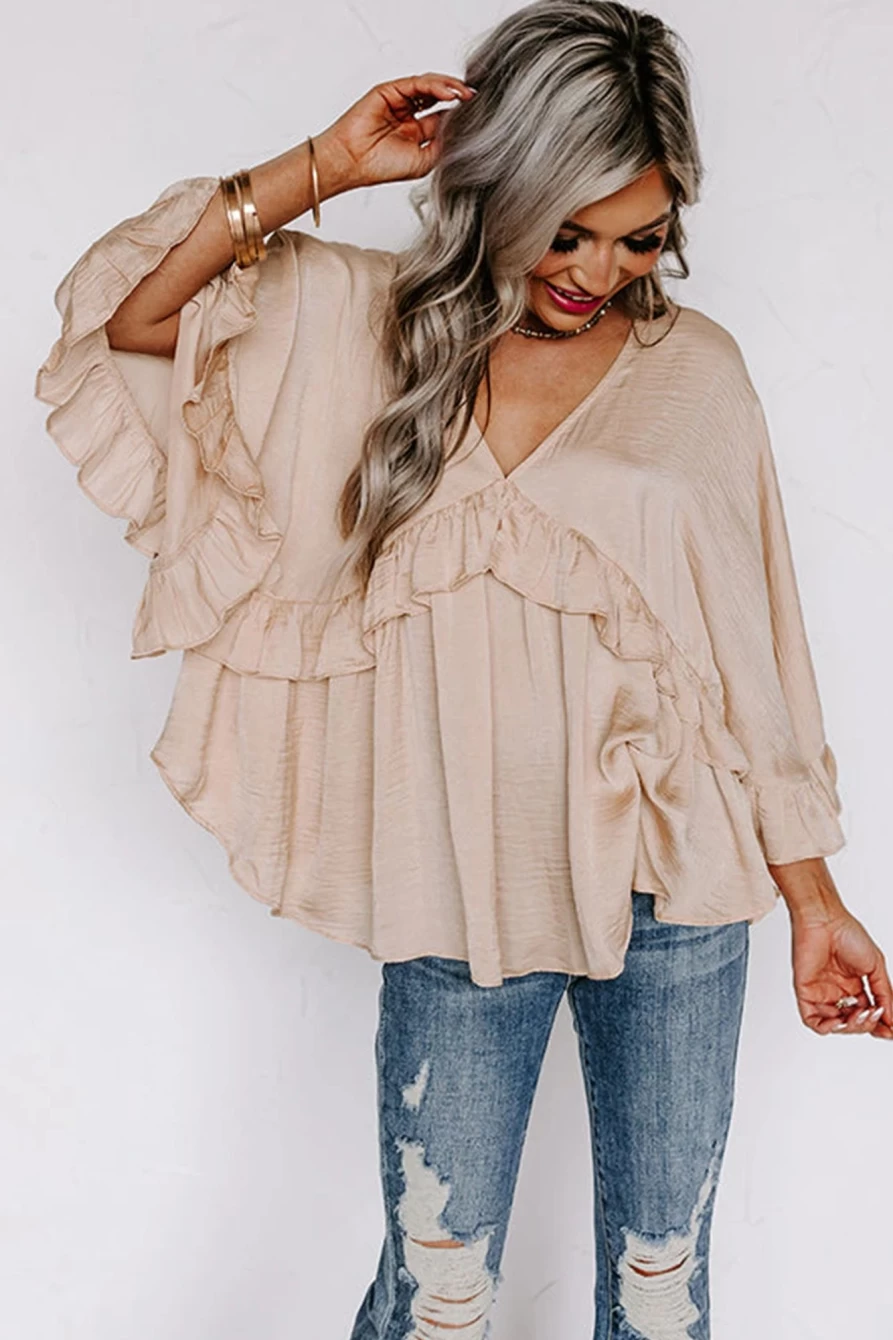 Shewin Women's Apricot V-Neck Batwing Sleeve Ruffle Blouse