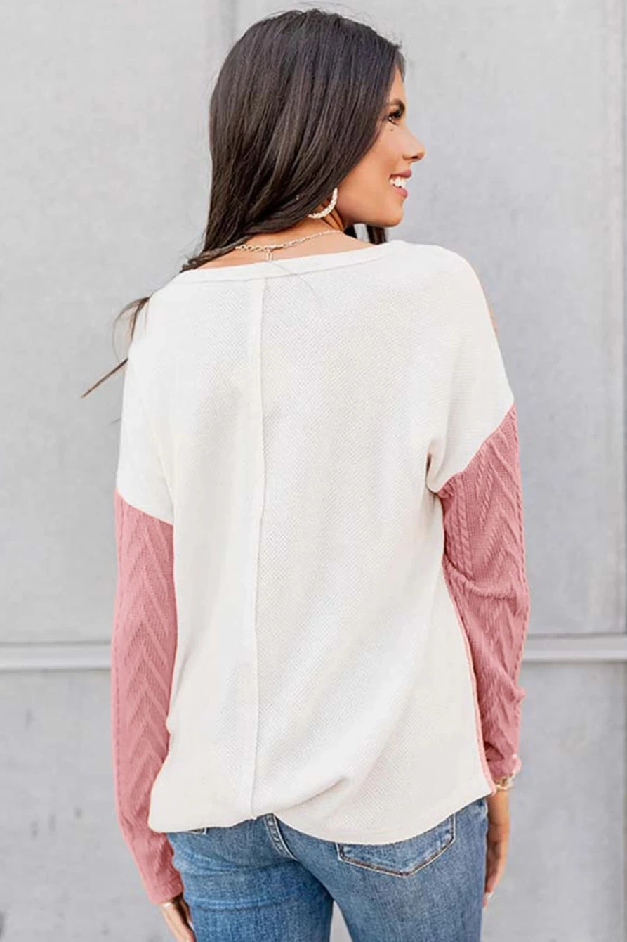 Shewin Women's Peach Blossom Long Sleeve Patchwork Pocket Textured Knit Top
