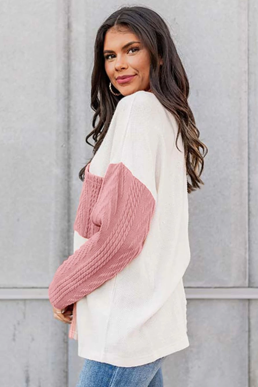 Shewin Women's Peach Blossom Long Sleeve Patchwork Pocket Textured Knit Top