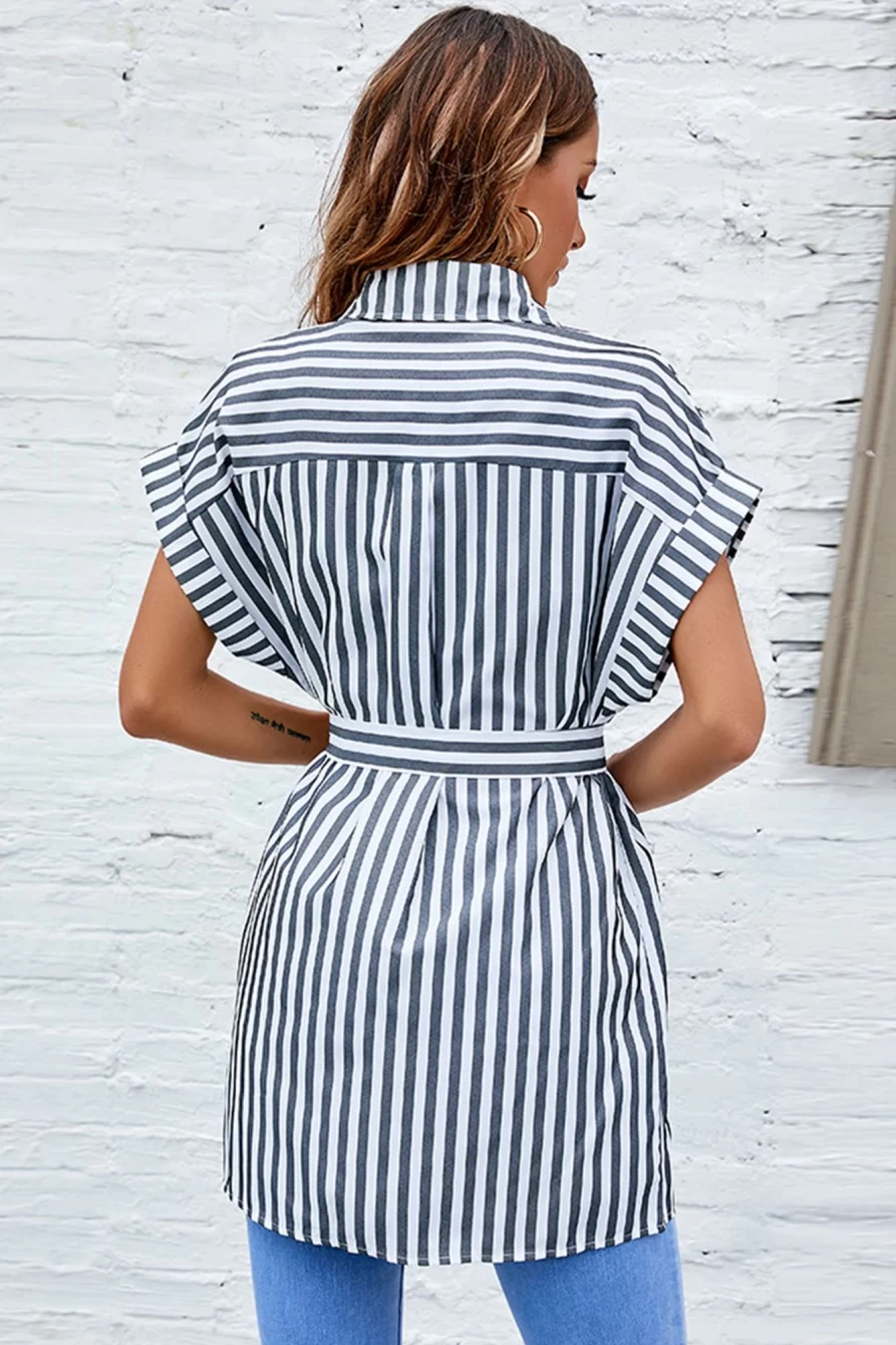 Shewin Women's Gray Stripe Batwing Sleeve Belted Tunic Shirt with 3D Print
