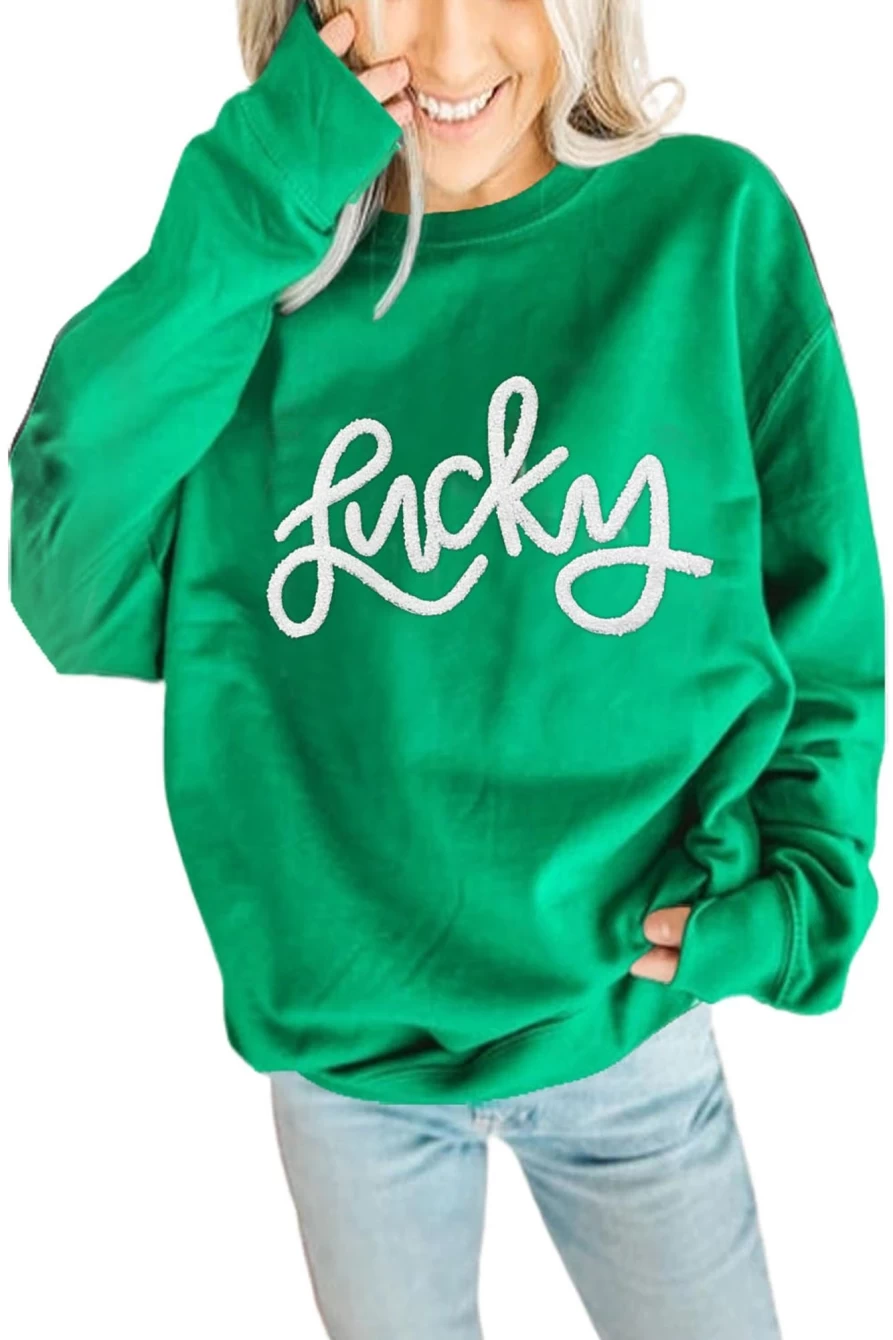 Shewin Women's Green Lucky Letter Embroidery Drop Sleeve Sweatshirt