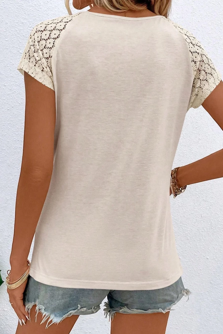 Shewin Women's White Contrast Lace Sleeve Keyhole Neck Pleated T-Shirt