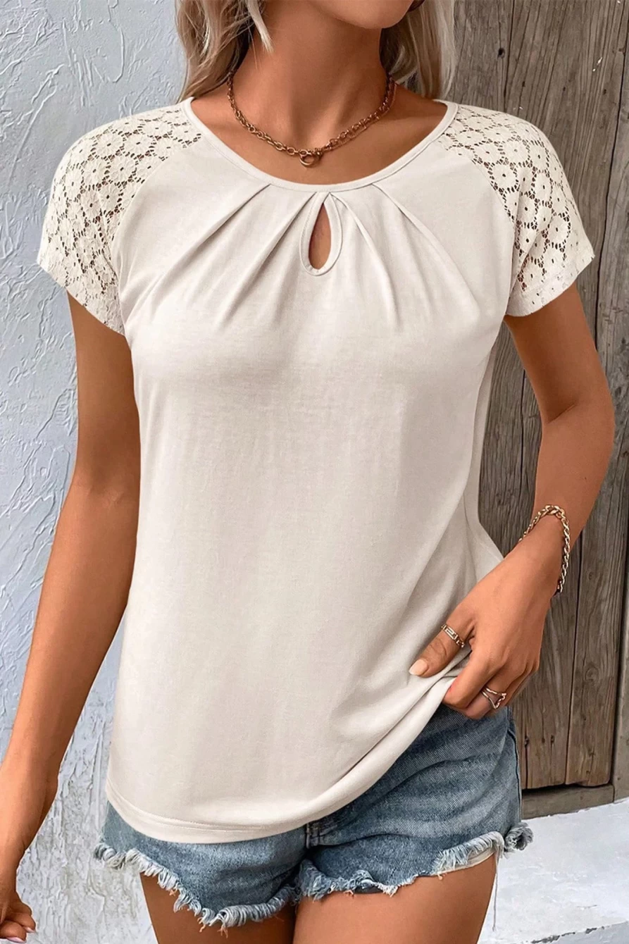 Shewin Women's White Contrast Lace Sleeve Keyhole Neck Pleated T-Shirt