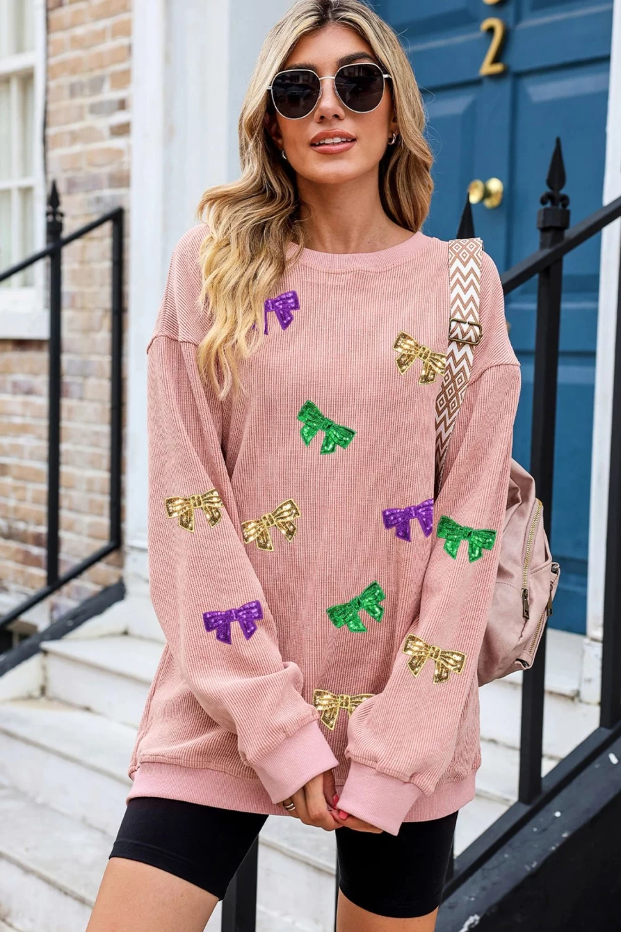 Shewin Women's Pink Sequin Bow Knot Mardi Gras Graphic Drop Shoulder Sweatshirt