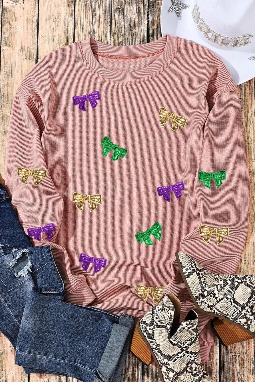 Shewin Women's Pink Sequin Bow Knot Mardi Gras Graphic Drop Shoulder Sweatshirt