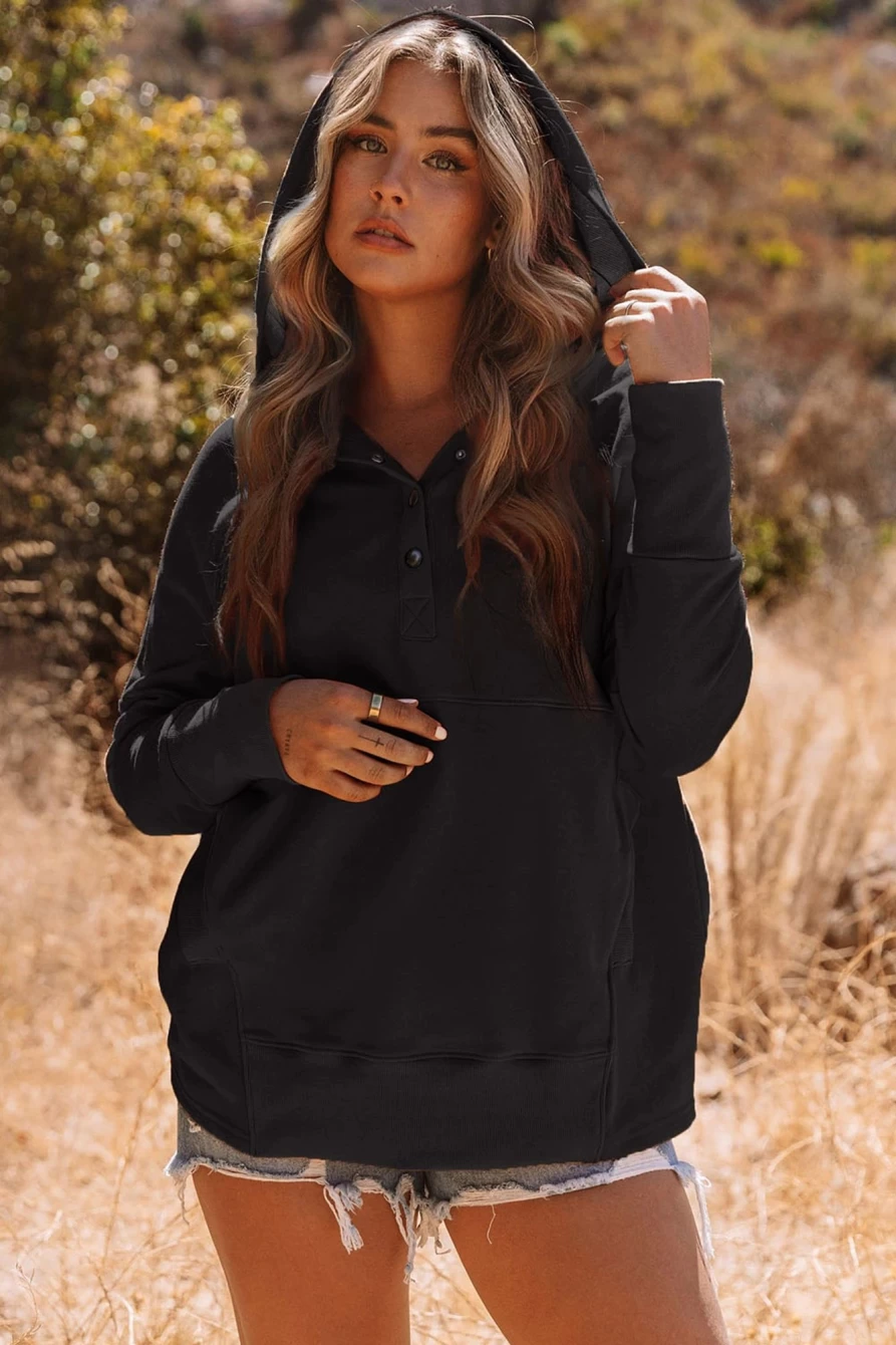 Women's Black Casual Batwing Sleeve Pocket Hoodie - Shewin Henley Pullover