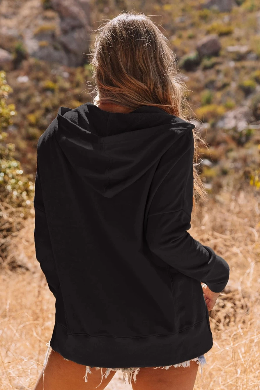 Women's Black Casual Batwing Sleeve Pocket Hoodie - Shewin Henley Pullover