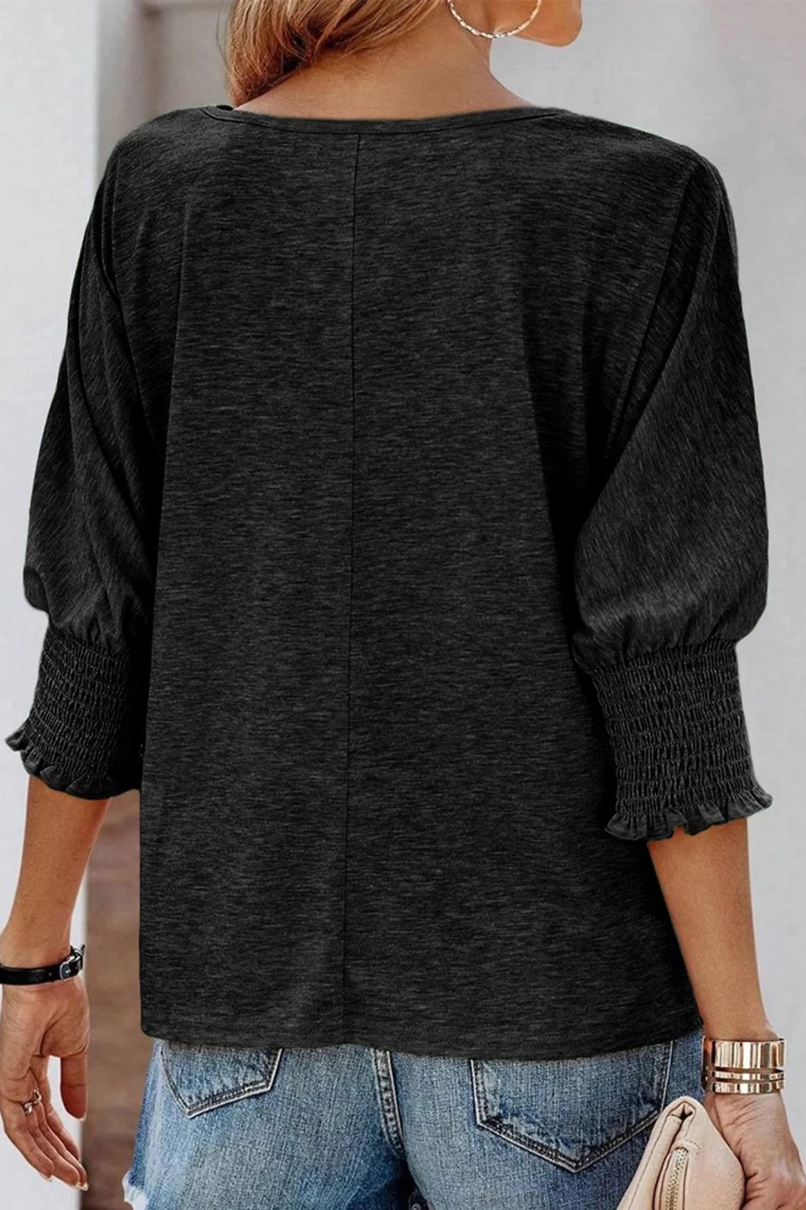 Shewin Women's Black Plain Smocked 3/4 Sleeve Casual Loose Fit T-Shirt