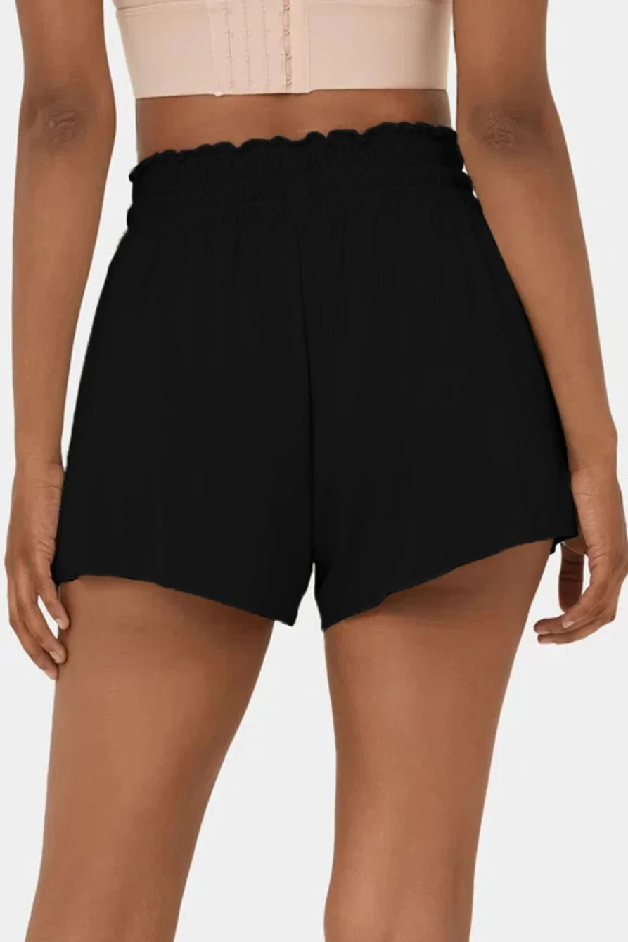 Women's Shewin Black High Waist Swim Shorts with Frill & Petal Wrap Design