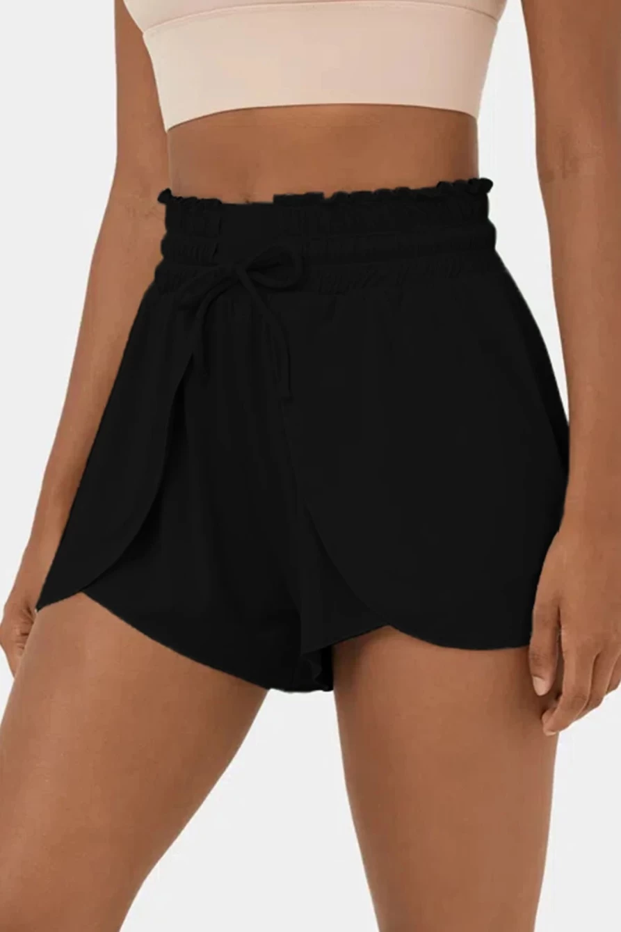Women's Shewin Black High Waist Swim Shorts with Frill & Petal Wrap Design