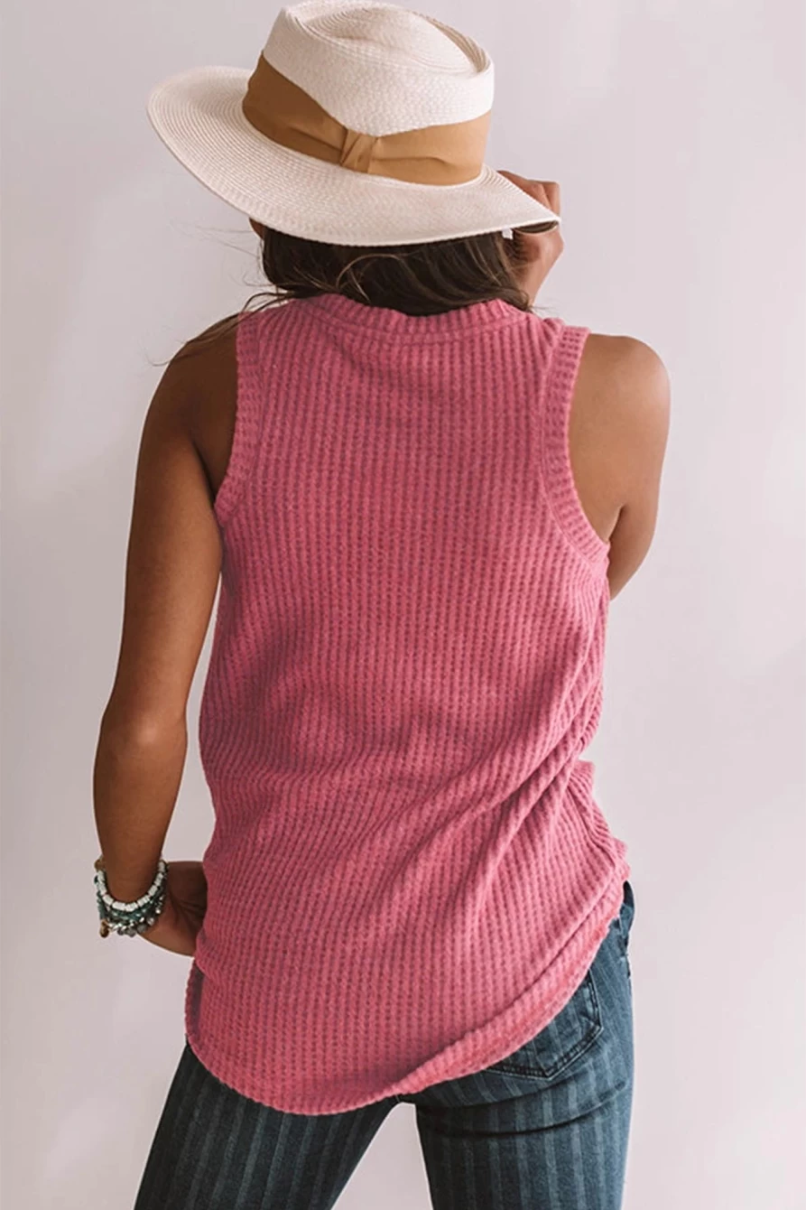 Shewin Women's Red Twist Knot Casual Waffle Knit Tank Top